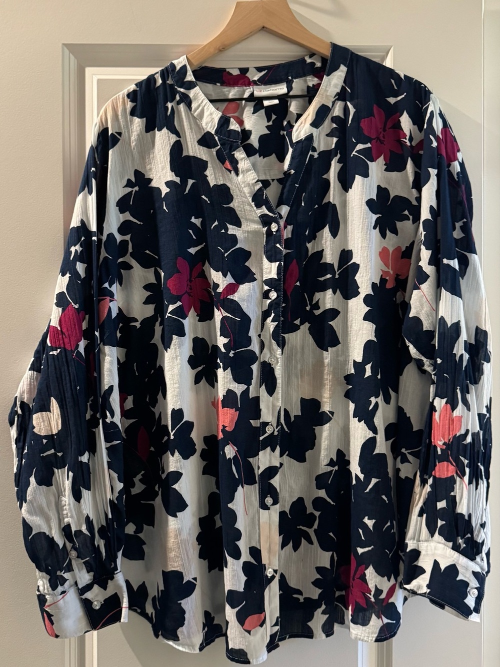 Liz Claiborne 3X Floral Button Front Blouse 100% Cotton Navy Pink Long Sleeve